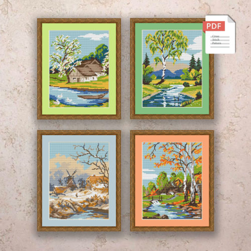 Set of 4 Seasons Landscape Cross Stitch Pattern #ssn090