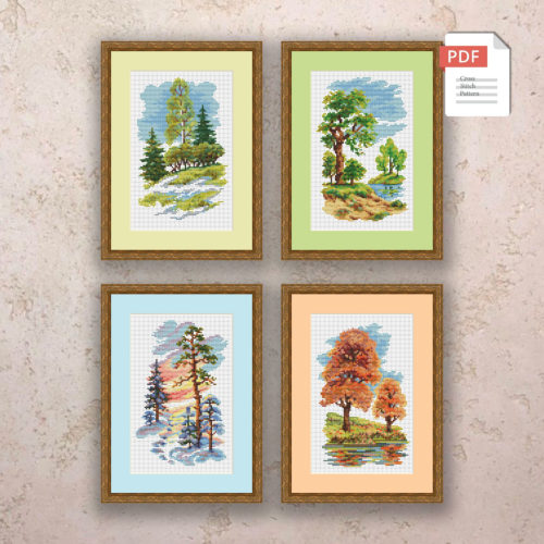 Set of 4 Seasons Landscape Cross Stitch Pattern #ssn105