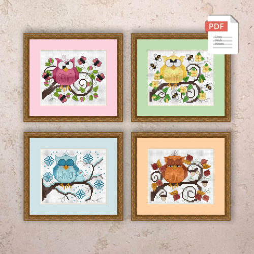 Set of 4 Seasons Owls Cross Stitch Pattern #ssn110