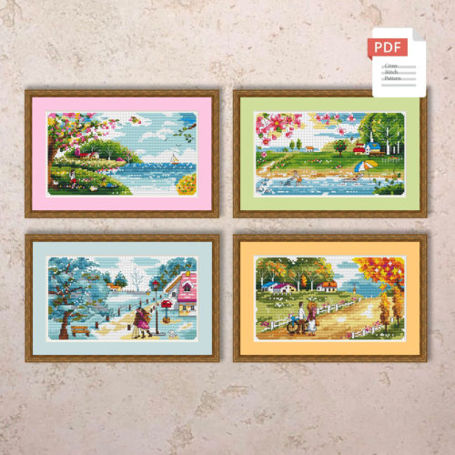 Set of 4 Seasons Landscape Cross Stitch Pattern #ssn130