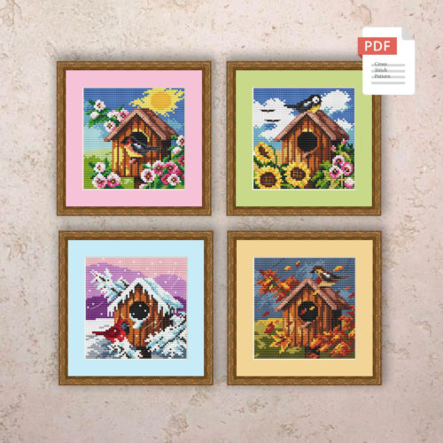 Set of 4 Seasons Birdhouses Cross Stitch Pattern #ssn155