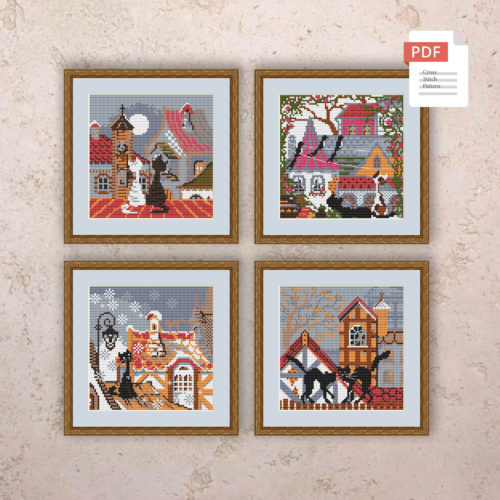 Set of 4 Seasons Cats Cross Stitch Pattern #ssn185