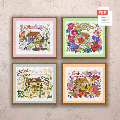 Set of 4 Seasons Houses Cross Stitch Pattern #ssn210
