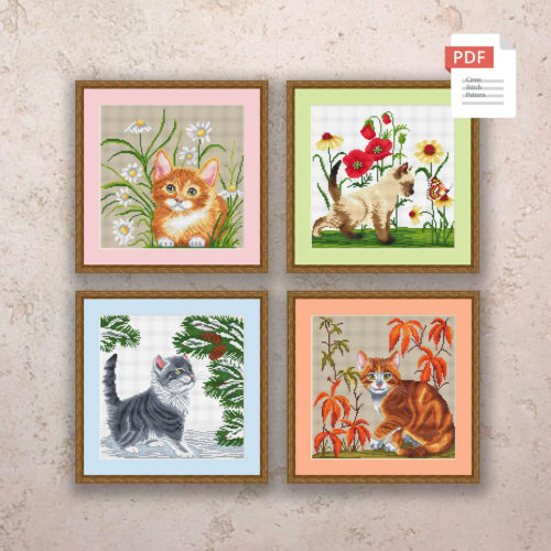 Set of 4 Seasons Cats Cross Stitch Pattern #ssn280