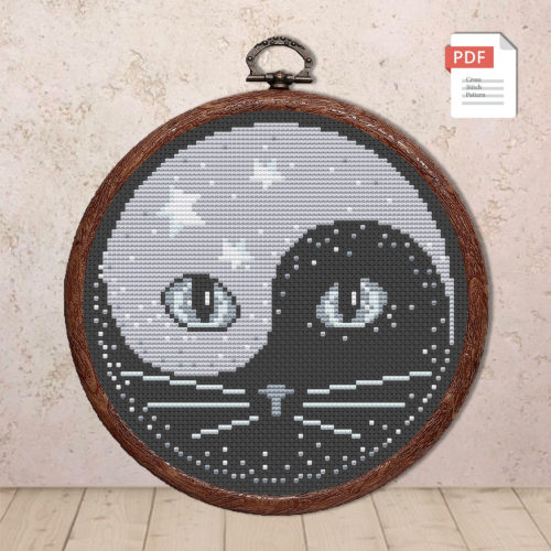 Silver Yin and Yang Cat Cross Stitch Pattern #cat008