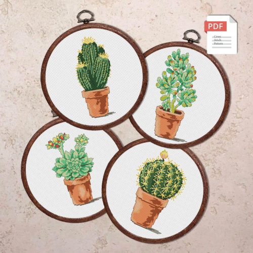 Set of 4 Cacti Cross Stitch Patterns #fl.009