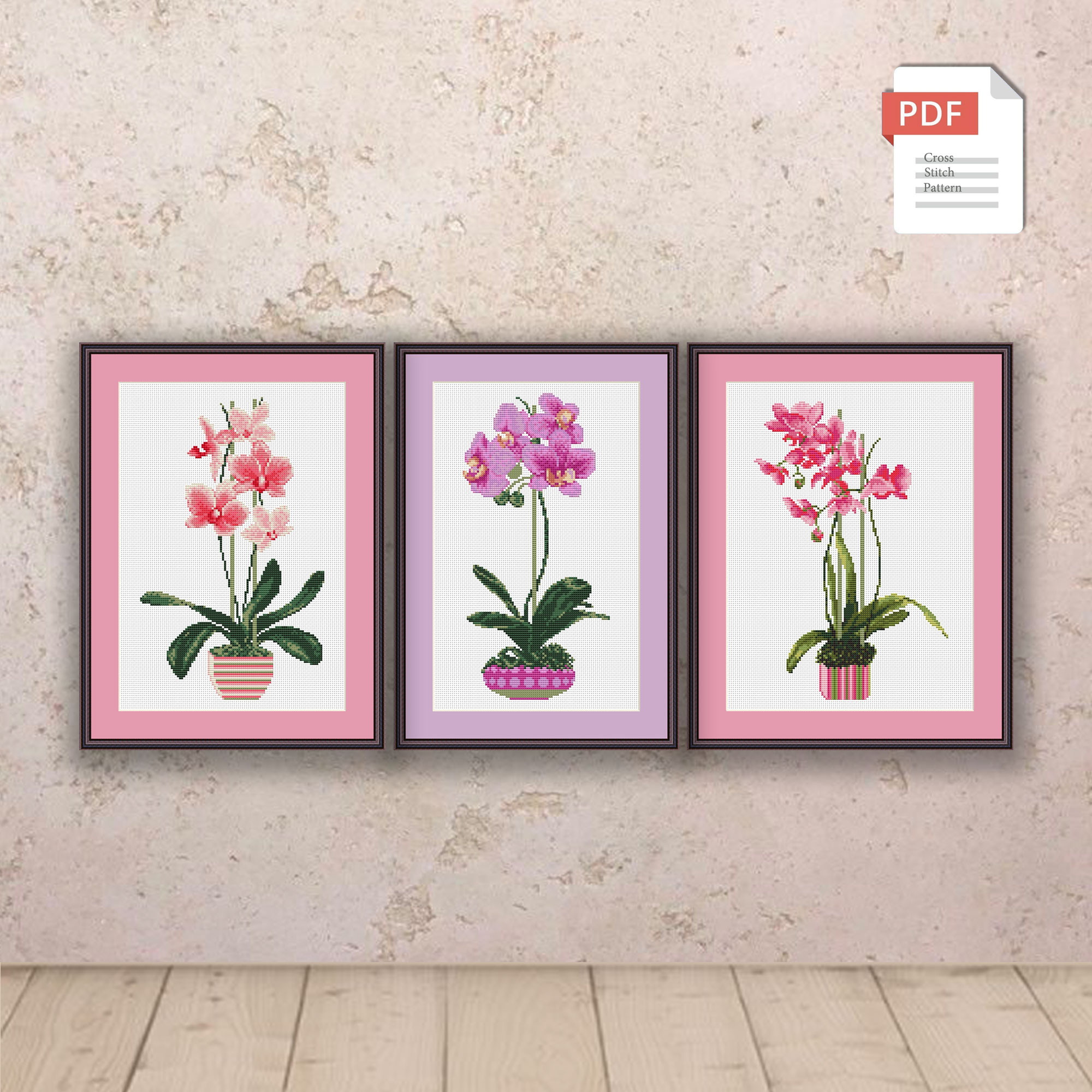 Set of 3 Orchids Cross Stitch Patterns #fl.020