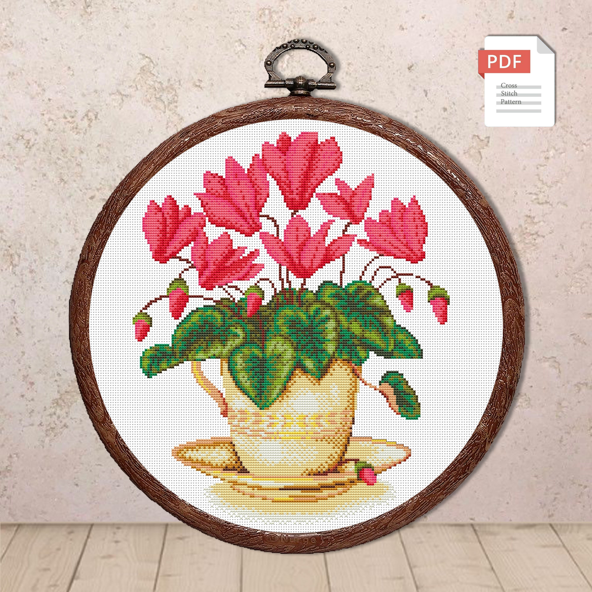 Red Flowers In A Cup Cross Stitch #fl.024