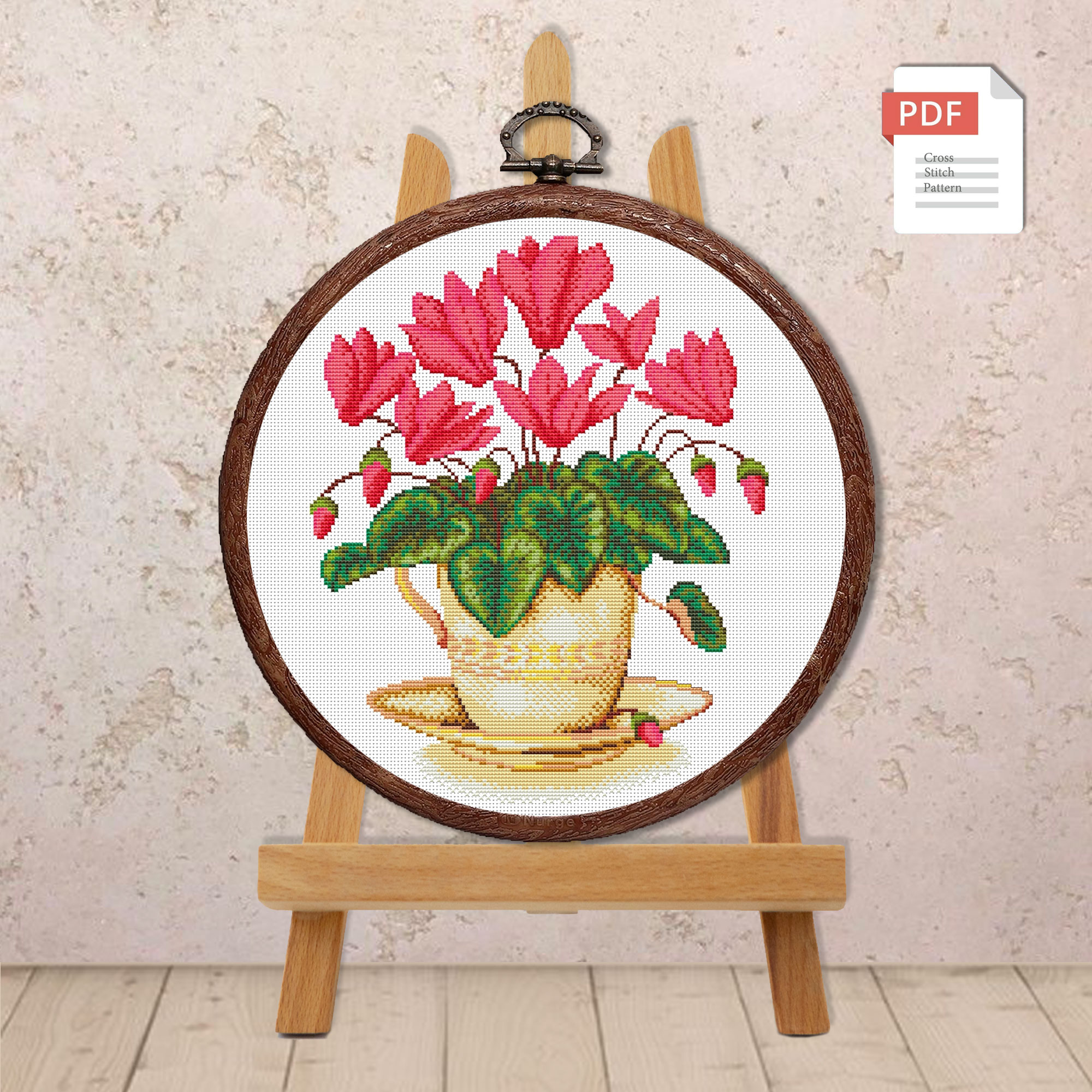 Red Flowers In A Cup Cross Stitch #fl.024 - Image 2