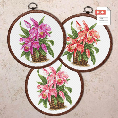 Set of 3 Tropical Flowers Cross Stitch Patterns #fl.053