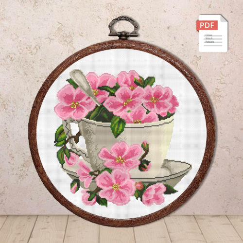 Pink Flowers In A Cup Cross Stitch Pattern #fl.058