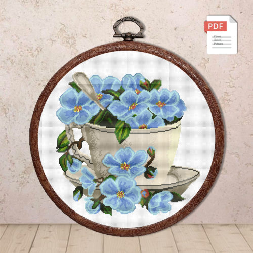 Blue Flowers In A Cup Cross Stitch Pattern #fl.059