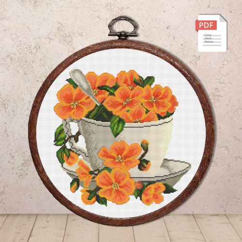 Orange Flowers In A Cup Cross Stitch Pattern #fl.060