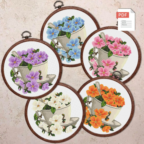 Set of 5 Flowers In A Cup Cross Stitch Patterns #fl.061