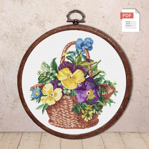 Pansies In A Basket Cross Stitch Pattern #fl.089