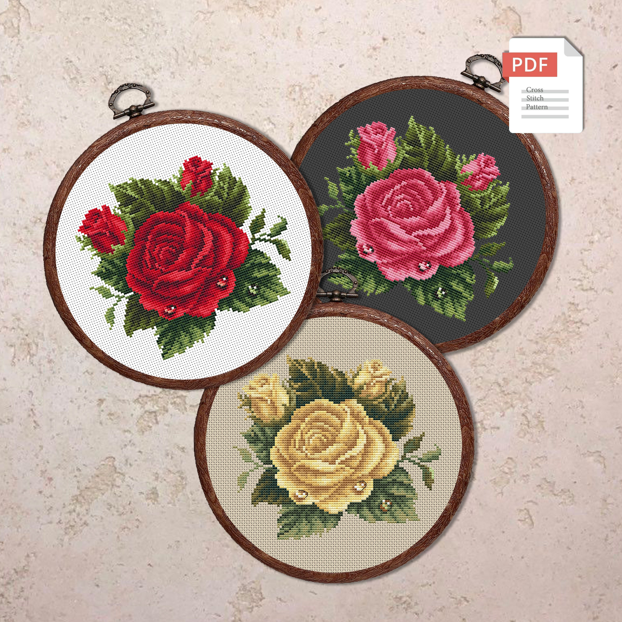 Set of 3 Roses Cross Stitch Patterns #fl.174
