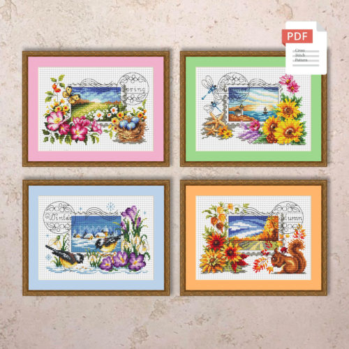 Set of 4 Seasons Postage Stamp Cross Stitch Patterns #ssn125