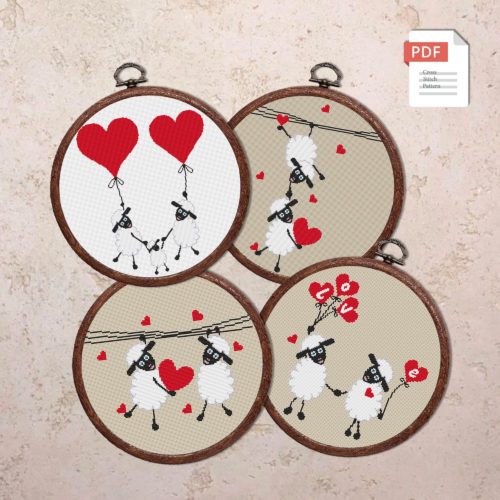 Set of 4 Sheeps in Love Cross Stitch Patterns #vl010