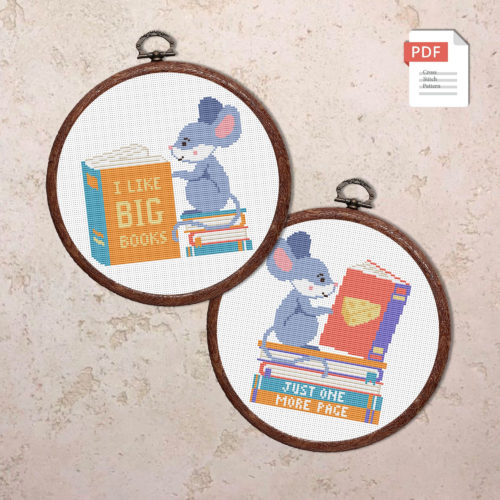 Set Mouse and Books Cross Stitch Patterns #qt010